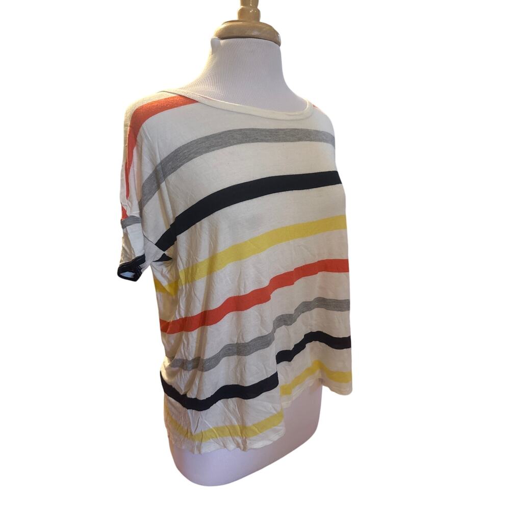 Women XS Soft Joie Short Slv Colorful Striped Tee T-Shirt Top Rayon Oversized